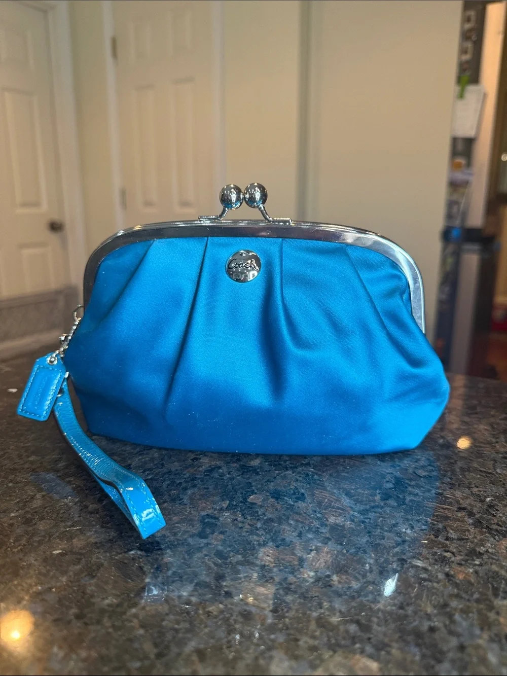 Vintage Coach Turquoise Satin Kiss-Lock Wristlet Clutch